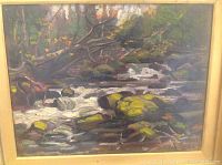 Close-up of the oil painting showing moss-covered rocks and flowing water.