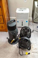 Lot contents showing Honeywell dehumidifier, heater, and two fans grouped on carpeted floor