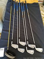Photo shows one Nike Sasquatch driver with black and yellow shaft, along with six Zoid irons with steel shafts and blue grips.
