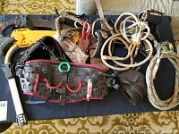 Overview of harness, leather pouch, pruners, saw, carabiners and ropes