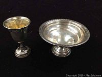 Photo showing both the sterling silver Gruen bowl and the smaller 800-silver cup together on black background.