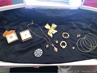 Full view of all costume jewelry items displayed on black cloth. Includes pins, rings, bracelets, necklaces, and large hoop earrings.