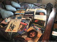 Vinyl records spread on bed showing multiple classic rock albums, such as Boston, Kenny Rogers, Billy Joel, Journey, Bruce Springsteen, Fleetwood Mac, and others.
