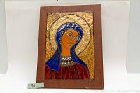 Full view of the signed Russian enamel icon on wood panel showing the female figure with blue veil, red robe, and gold textured background.