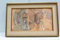 Full view of framed painting showing two side profile sketches of an elderly woman, signed and dated at bottom right.