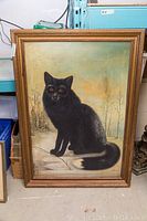 Full view of framed painting showing fox, landscape and frame