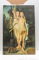 Full view of the oil painting showing two figures beside an ornate column with dark forest background.