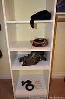 Several fur items displayed on shelves including black otter fur hat, fur purse, two fur shawls, and small fur trim pieces.