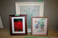 Three framed prints shown together: large white floral print centered behind, smaller framed print of red poppies left front, and James Manning watercolor right front