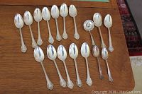 Overview of all 19 spoons arranged on table showing beaded-edge spoons and assorted specialty spoons