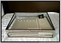 Top front view of glass jewelry display case showing the two compartments inside; 6 metal tabs and 12 padded rows are visible. The mirrored drawer is below the glass top layer.