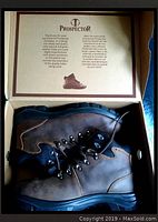 Side view of pair of brown leather Prospector boots inside original box, showing leather texture and lacing system.