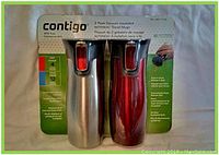 Front view of Contigo 2 pack vacuum insulated AUTOSEAL travel mugs in original packaging showing silver and red mugs.