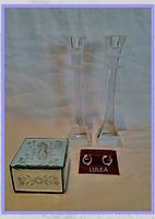 Photo showing the Nachtmann candleholders, mirrored trinket box, and sterling heart earrings on red Lulea card.