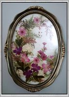 Full front view of oval framed pressed flower wall art showing floral arrangement and frame details.