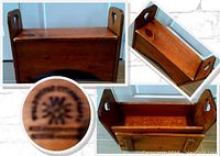 Composite image showing front view of pine bench with storage, open storage compartment, close-up of Willow Dale Woodcraft stamp underside of seat, and side angle showing hinged lid lifting.