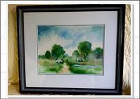 Framed overall view of the watercolor pastoral painting with greenery, figure, and rocks.