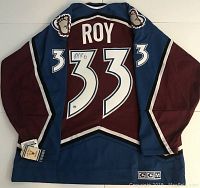 Back of jersey showing player name ROY and number 33 with autograph and CCM tag at hem