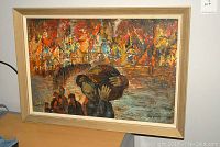 Full framed oil painting showing the entire artwork with abstract scene and figure.