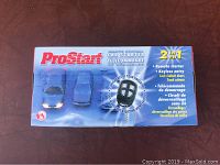 Box front showing ProStart branding and features including remote starter, keyless entry, lock/unlock doors, and trunk release.
