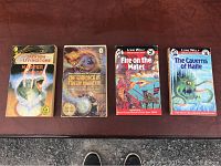 Four Choose Your Adventure paperback books laid flat on a brown surface, titles visible: Master of Chaos, The Warlock of Firetop Mountain, Lone Wolf Fire on the Water, Lone Wolf The Caverns of Kalte.