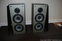 Pair of speakers without grilles on dark floor against wall