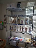 Full view of metal rack on casters with various figurines on shelves and plastic totes on top shelf