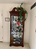 Front full view of wood curio cabinet with glass door and decorative top, showing displayed contents inside.