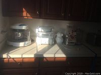 Kitchen counter with Nuwave oven, Oster steamer, ceramic pig pitcher, Osterizer blender and glass jar under sunlight.