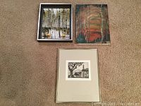 Three framed art pieces arranged on carpet: two abstract paintings and one black and white drawing.