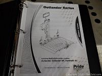 Owner's manual for Pride Outlander Series, showing product drawing and information on models Outlander, Outlander DE, Outlander XL.