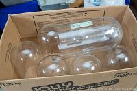 Cardboard box containing seven clear glass domes of different sizes and shapes.