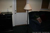 Floor lamp standing near a door beside a dark-colored couch, visible in a living room setting.