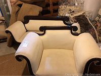 Full view of beige crushed velvet vintage chair and settee with dark wood detailing showing general condition and wear.