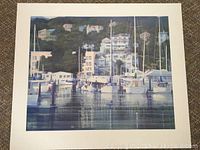 Full view of the signed lithograph depicting a marina harbor with boats, dock, and hillside homes.