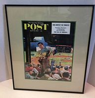 Full view of framed Saturday Evening Post cover artwork depicting a baseball scene titled 'Sleepy Inning'.
