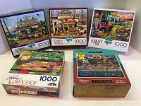 Full view of all five puzzle boxes showing brand names, piece counts, and artwork.