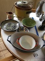 Vintage Rival crock pot yellow with brown server, enamelware dish, various pottery and stoneware bowls and dishes
