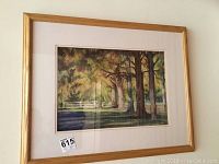 Framed natural scene pastel artwork by Dolores Bauerle Campbell showing trees and fence.