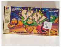 Box of SPLAT! The Bug Squishin' Race Game showing colorful cartoon bug illustrations and colorful dough included.