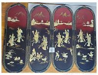 Four vertical oval Japanese inspired wall plaques showing traditional scenes with figures, birds, and landscapes against red and black backgrounds.