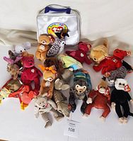 Full lot overview showing all TY Beanie Babies and Beanie Baby Club bag arranged on white background.