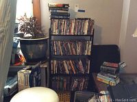 Photo of black DVD rack filled with DVDs, positioned near window and plant