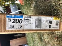 Photo of the box long label showing 200 Amp, Type BR, 30 spaces, 40 circuits, indoor main breaker with surface/flush cover included.