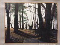 Framed charcoal painting showing forest scene with tall trees and shadowed ground.