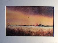 Watercolor painting showing a dawn landscape with grasses, buildings in distance, and a sky with warm colors and birds flying.