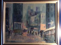 Framed abstract oil painting on board depicting city street in winter, overall 18x22 inches.