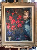 Full view of framed oil painting depicting a woman and vase of red flowers