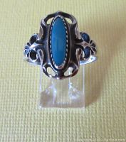 Front view of the vintage sterling silver ring showing the oval turquoise stone and intricate openwork design on the bezel and shoulders.