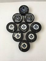 Top view of all nine hockey pucks showing Toronto Maple Leafs logos and silver signatures on each puck.